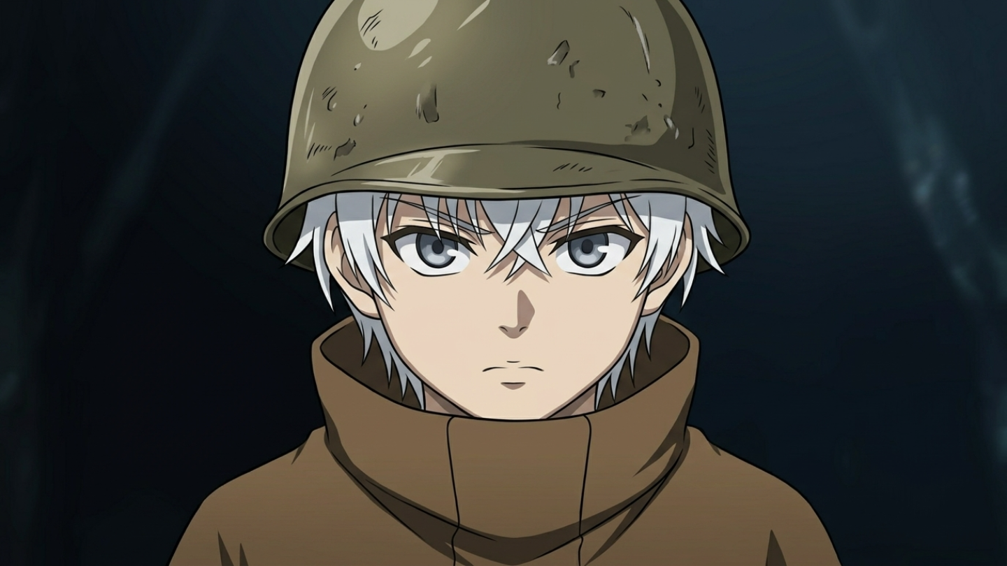 Anime soldier with white hair and M1 helmet, intense stare