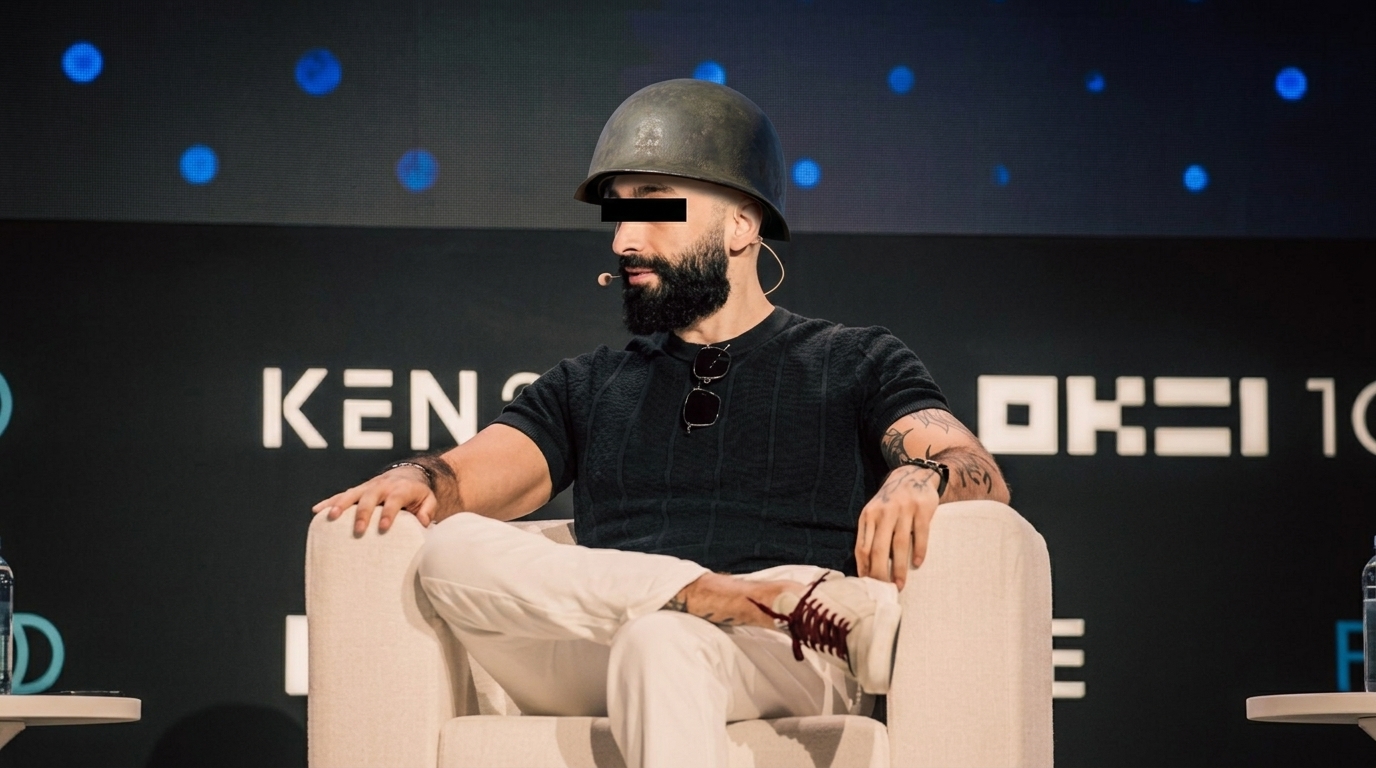 Man at crypto conference wearing M1 helmet with eyes censored